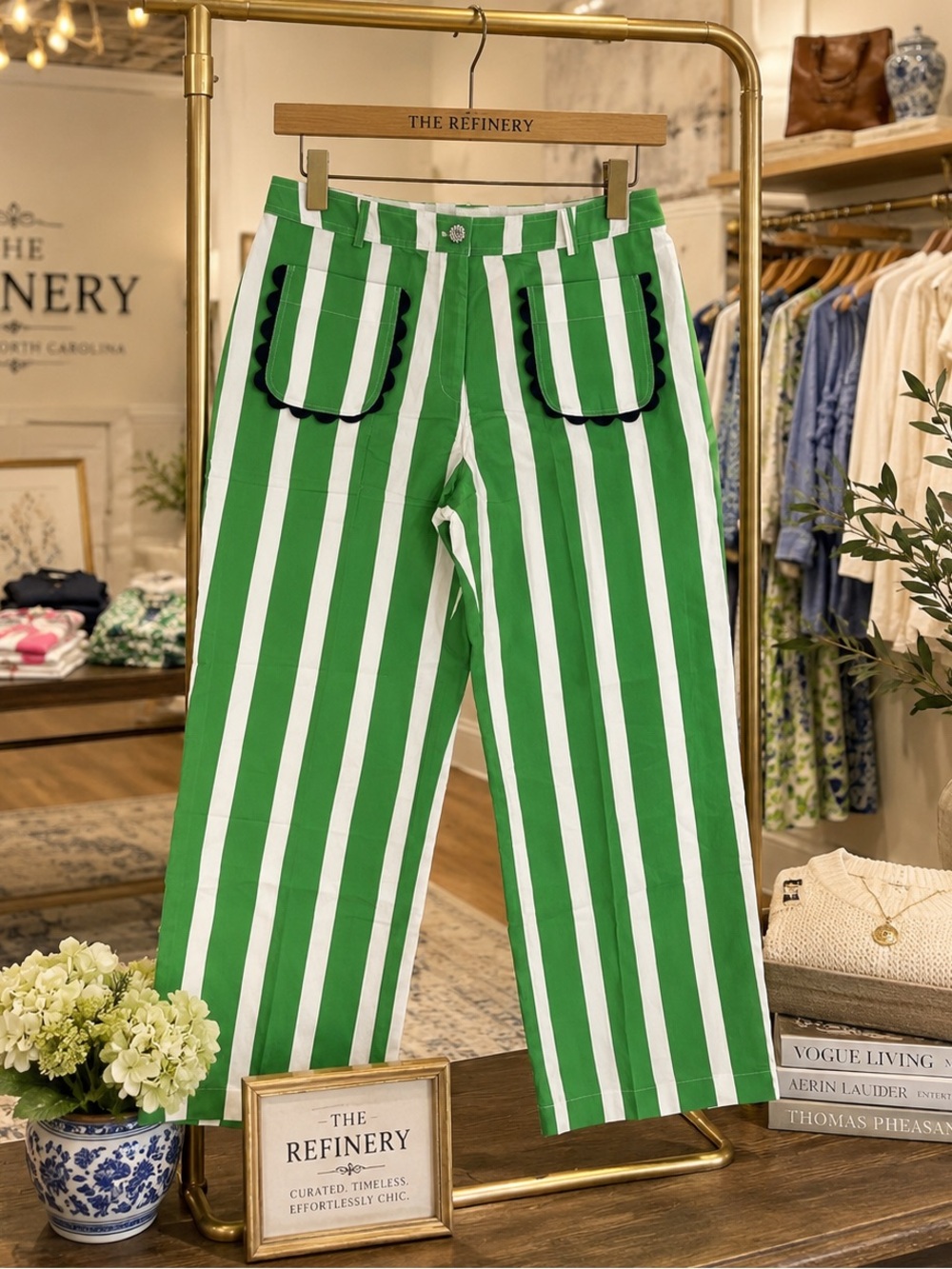 VILAGALLO - Raya Verde navy green striped patch pocket Pants NWT